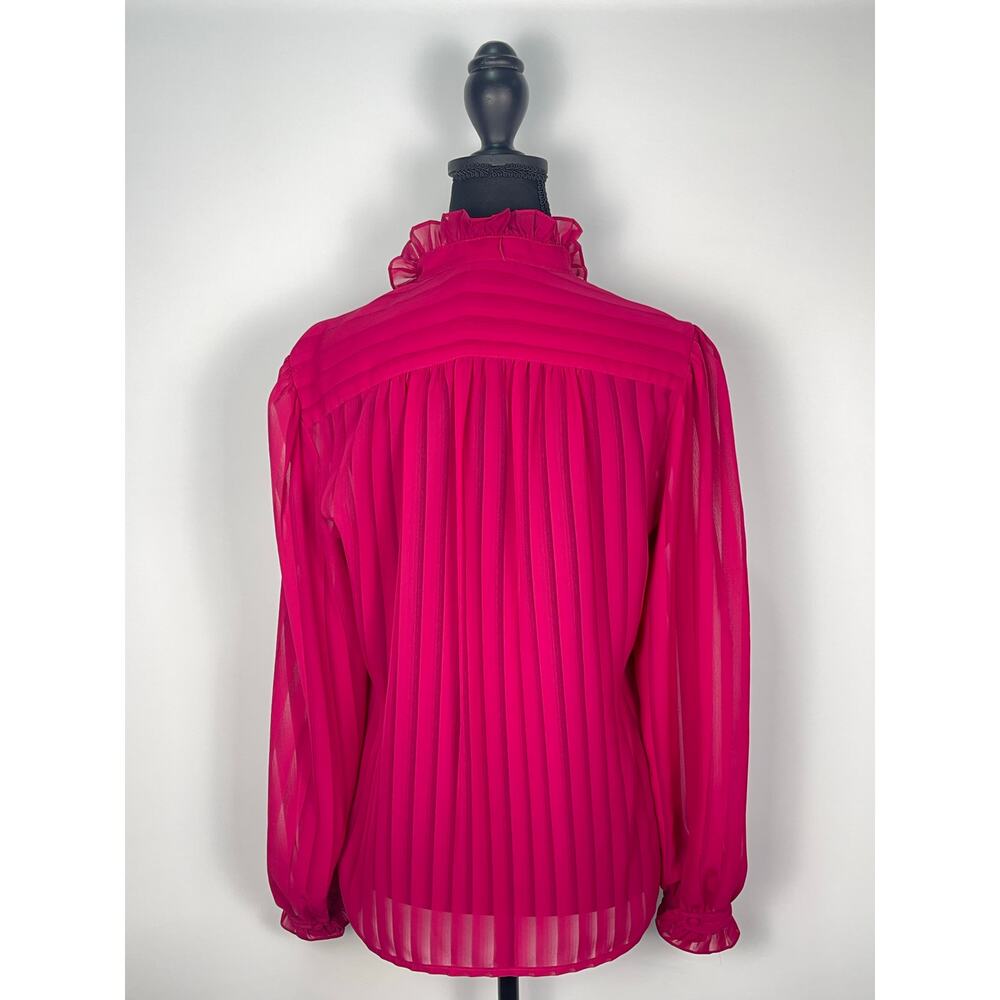 Vintage 1980s David Matthew Sheer Fuchsia Ruffle Blouse Striped High Neck Sz 10 - Picture 4 of 8